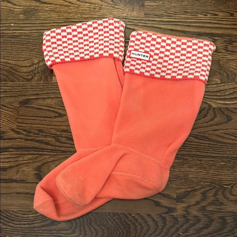 Hunter Tall Boot Socks Coral Orange‎ Fleece Checkered Cuff Medium UAS3027AAN